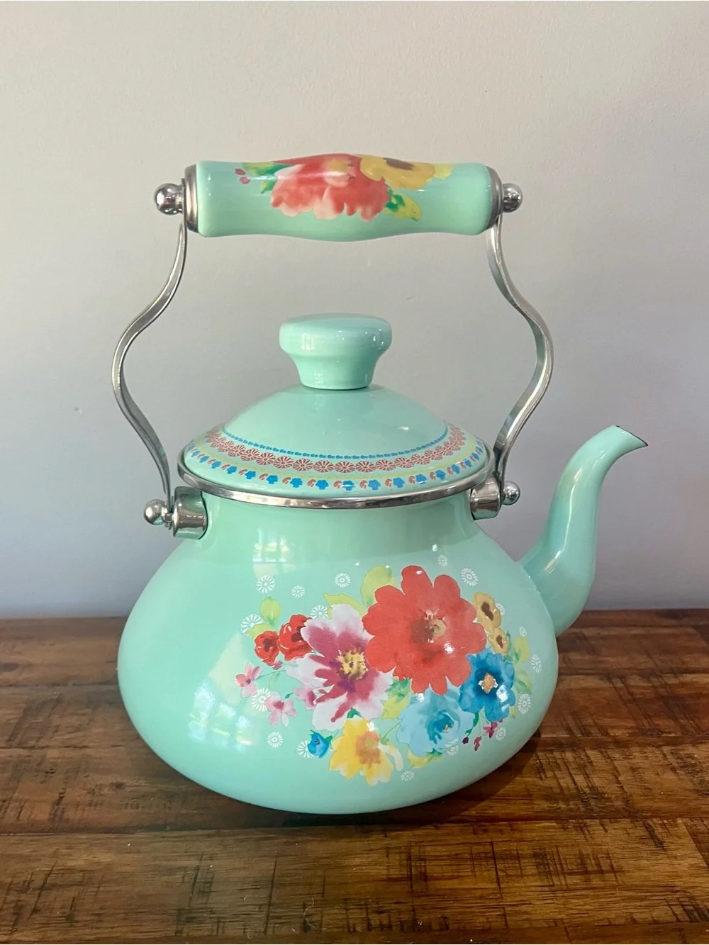 The Pioneer Woman Mint Floral Enamel Teapot with Colorful Bouquet